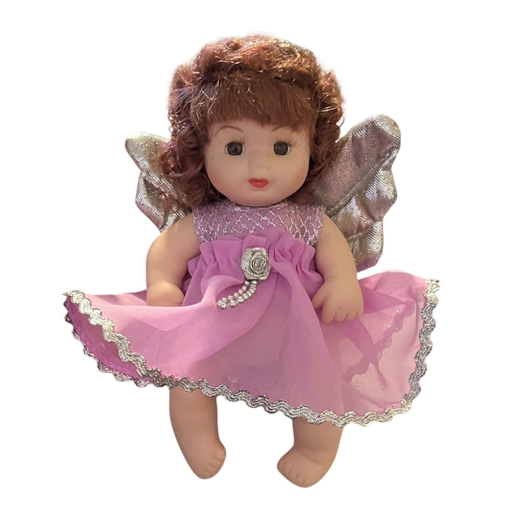 Fairy Doll Purple Chiffon Dress Silver Metallic Wings Auburn Hair Porcelain
